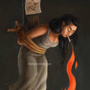 Keep your cool, no matter what. A oil colors on paper of a digital work i made time ago. 22,9 x 30,5 cm. DM fir info. #1400 #persecution #hunting #witch #fire #girl #hairs #black #woman #wicca #face #history (2)