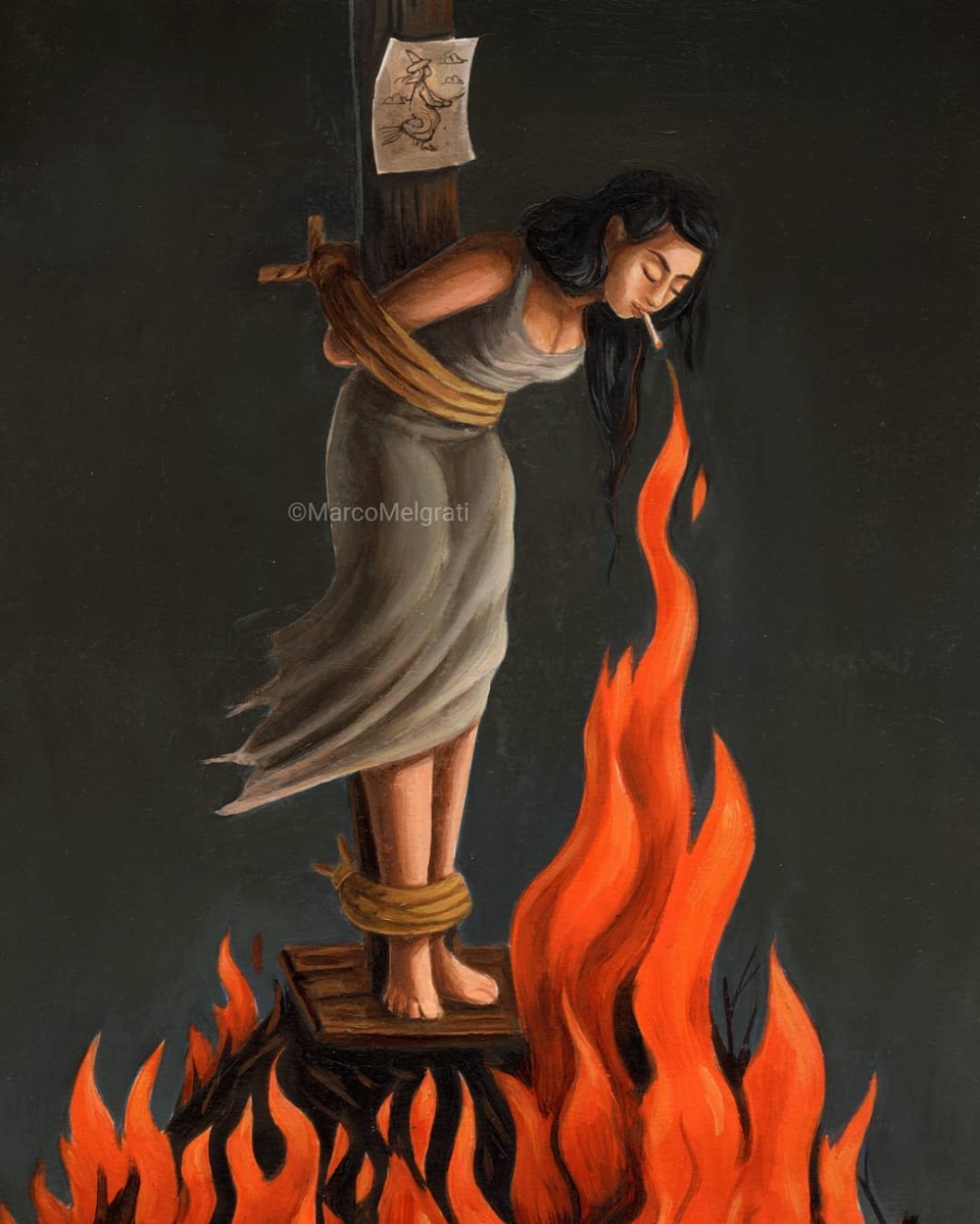 Keep your cool, no matter what. A oil colors on paper of a digital work i made time ago. 22,9 x 30,5 cm. DM fir info. #1400 #persecution #hunting #witch #fire #girl #hairs #black #woman #wicca #face #history #tim