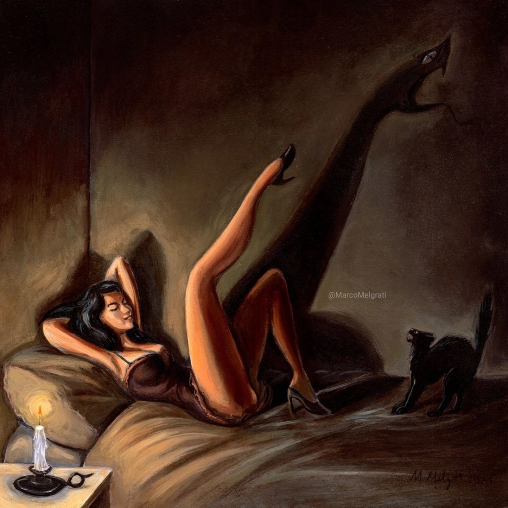 Killer Legs. Oil Colors version on MDF panel, 30x30 cm.DM for info #handmade #paint #leg #shadow #shoes #heels #woman #body #bed #black #cat #animal #witch #sexy #dark #candle #digital #illustration #bruja #young