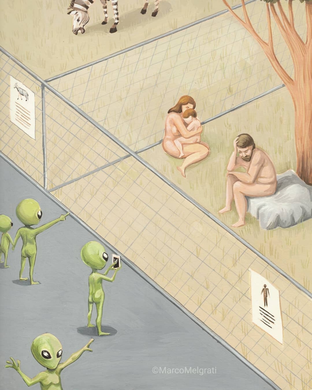 The Zoo - Guache Colors 22,9 x 30,5 cm on 300 gr paper. Sold #traditional #painting #colors #brush #illustration #guache #park #zoo #animal #humanoid #green #man #woman #naked #family #prisoner @picame @art_spotli